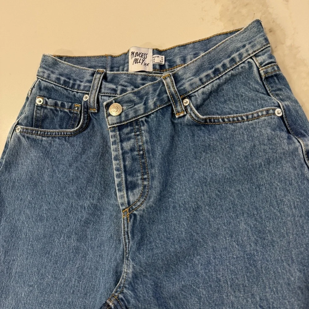 Princess Polly Holly Asymmetrical Straight Leg Denim Jean Womens 2 Mid Wash Blue